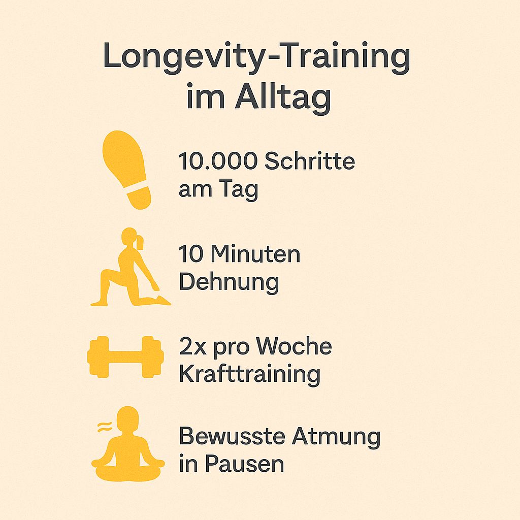 Übersicht Longevity-Training im Alltag: 10.000 Schritte, 10 Minuten Dehnung, 2x Krafttraining, bewusste Atmung