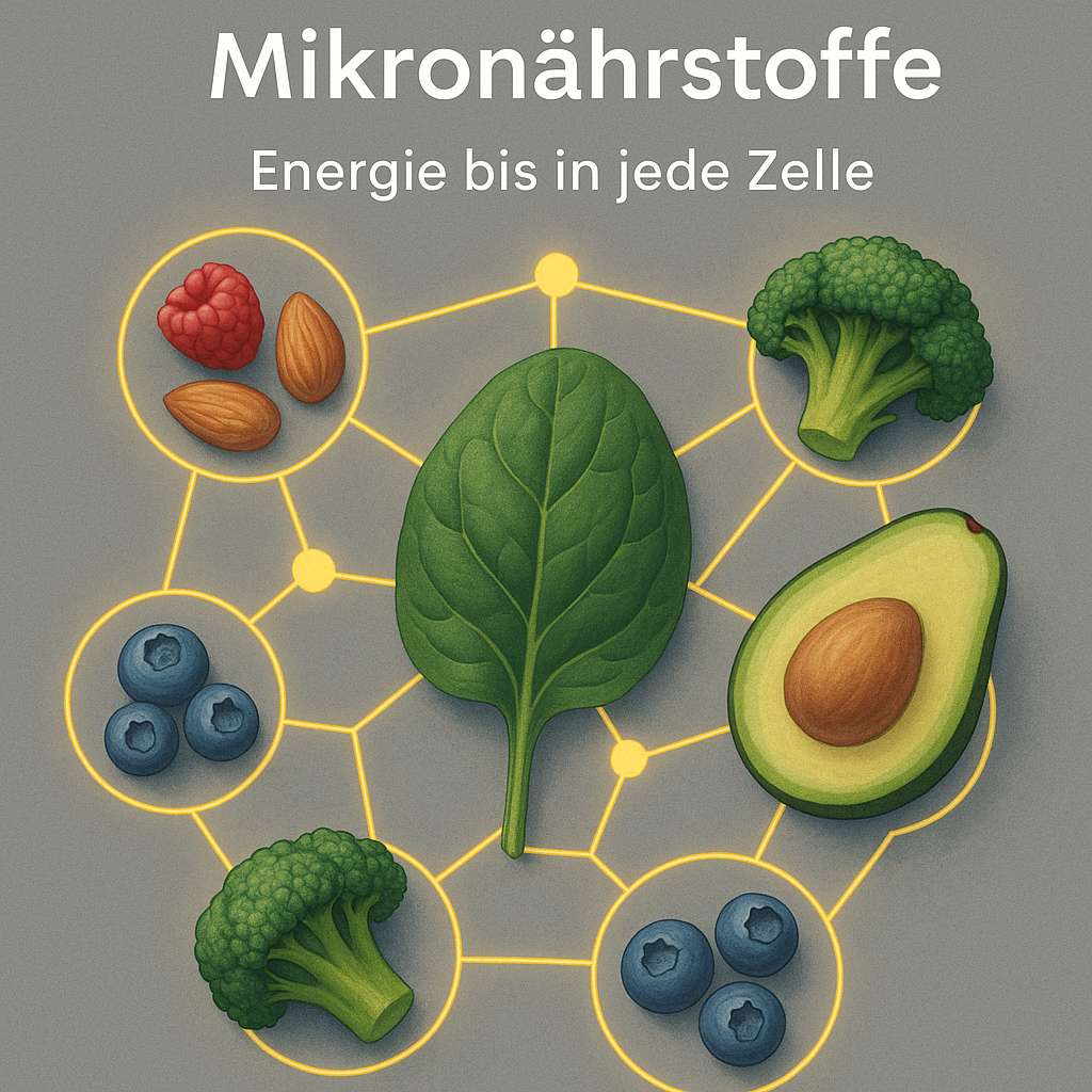 Spinatblatt im Zentrum, verbunden mit Beeren, Brokkoli, Avocado und Nüssen als Nährstoffnetz