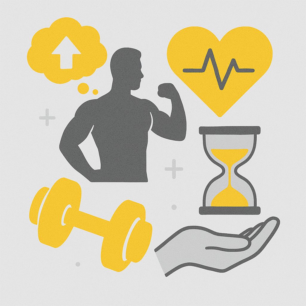 Silhouette einer Person mit angespanntem Arm, Herz mit EKG-Linie, Hantel und Sanduhr als Symbole für Kraft und Vitalität