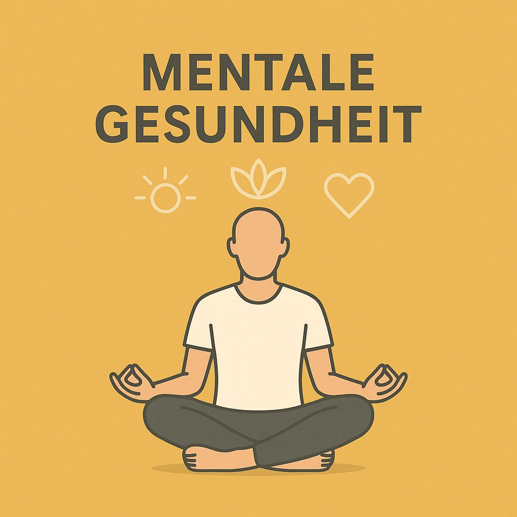 Person im Schneidersitz beim Meditieren, darüber Symbole für Sonne, Lotusblüte und Herz