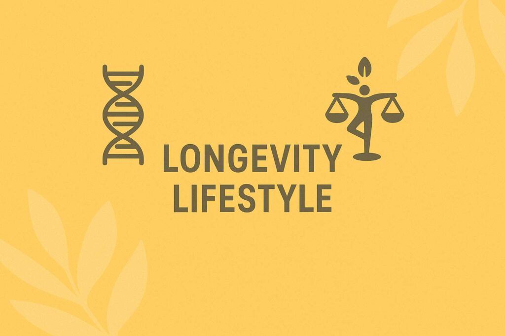 DNA-Doppelhelix und Person in Yogapose auf Waagschalen als Sinnbild für einen ausgewogenen Longevity-Lifestyle