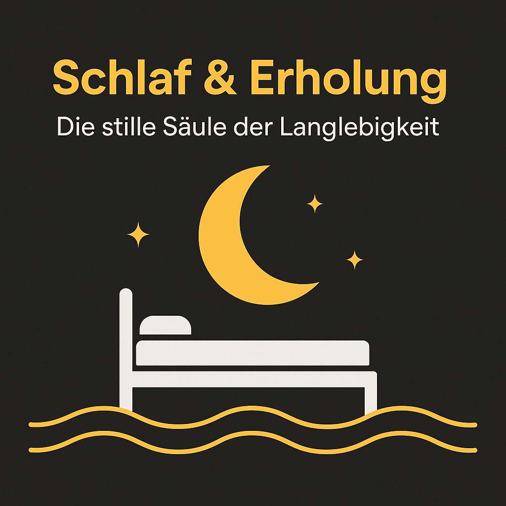 Bett unter Mondsichel und Sternen auf dunklem Grund als Symbol für erholsamen Schlaf