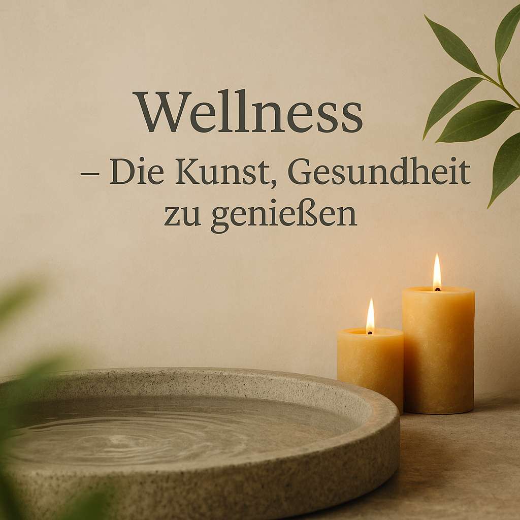 Steinschale mit Wasser neben zwei brennenden Kerzen und Eukalyptuszweig vor beiger Wand