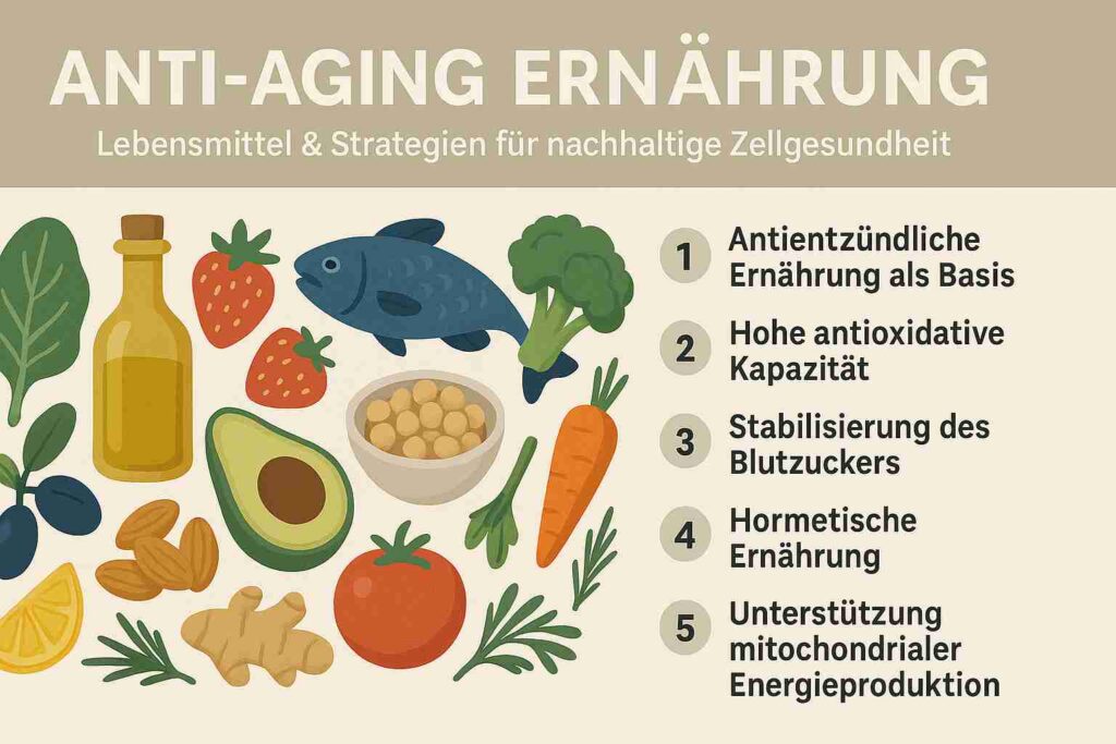 Olivenöl, Fisch, Beeren, Avocado, Nüsse und Gemüse neben fünf Prinzipien der Anti-Aging-Ernährung