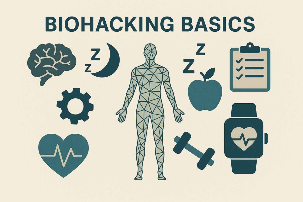 Drahtgittermodell eines Körpers, umgeben von Symbolen für Schlaf, Ernährung, Training und Tracking