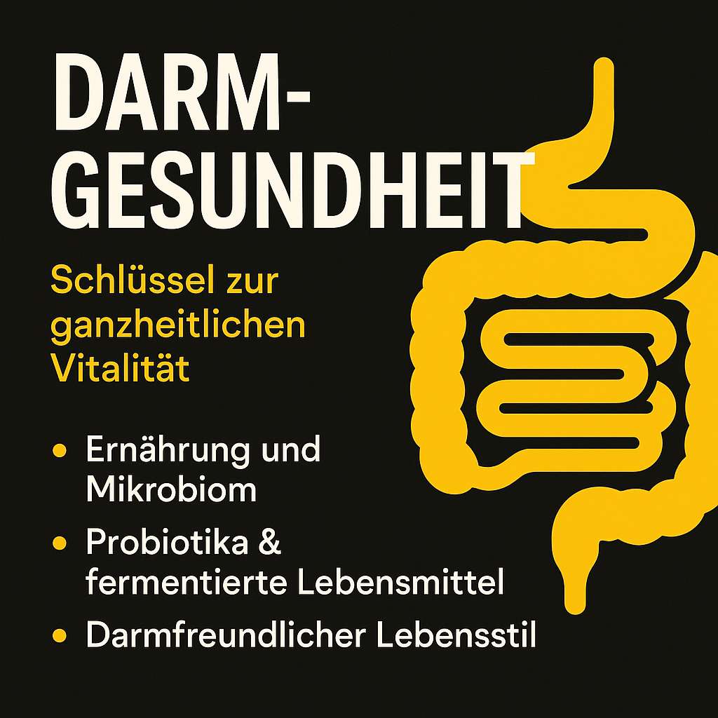 Illustrierter Darmtrakt in Gelb auf schwarzem Grund mit Stichpunkten zu Mikrobiom und Probiotika