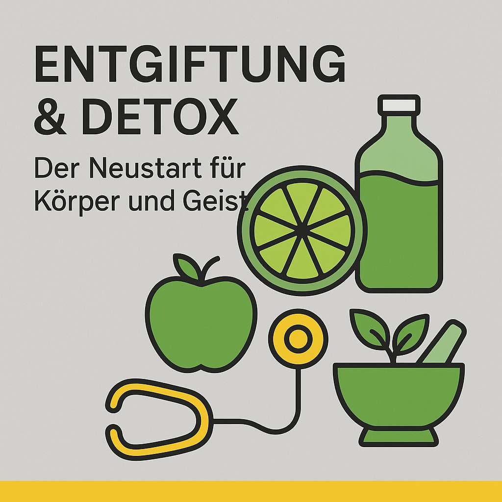 Apfel, Limette, grüne Saftflasche, Mörser mit Kräutern und Stethoskop als Detox-Symbole