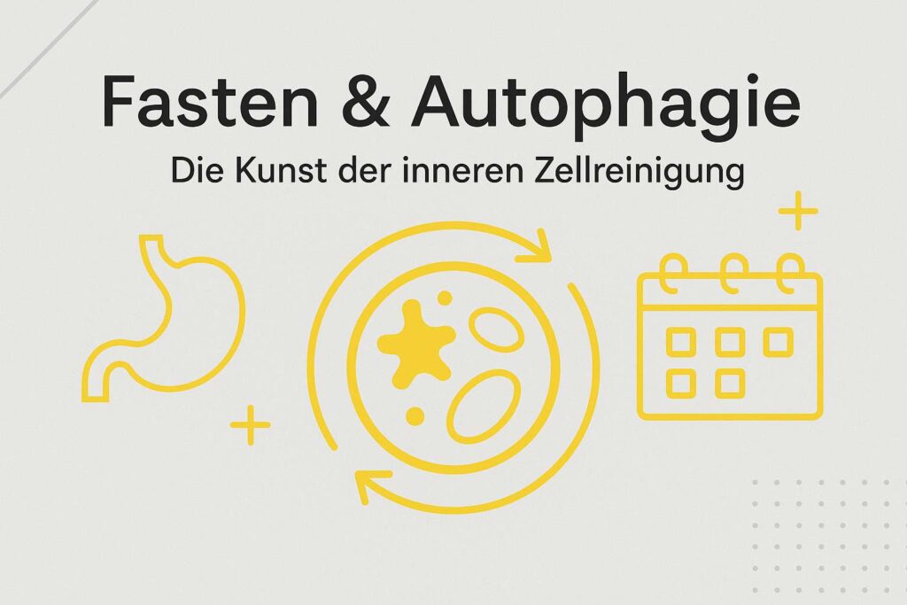 Magen, Zelle im Kreislaufpfeil und Kalender als Symbole für Fasten und Autophagie