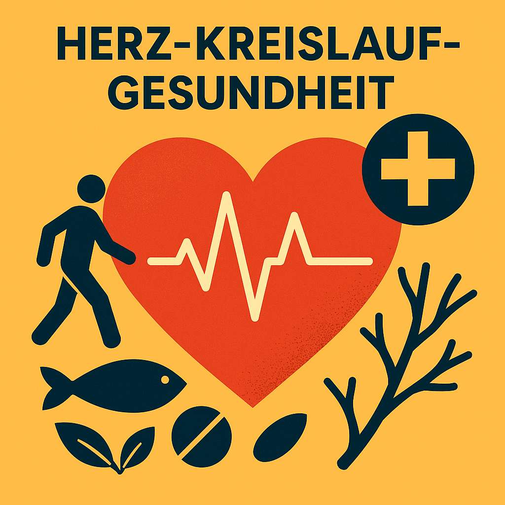 Rotes Herz mit EKG-Linie, umgeben von gehender Person, Fisch, Nüssen und Pflanzen