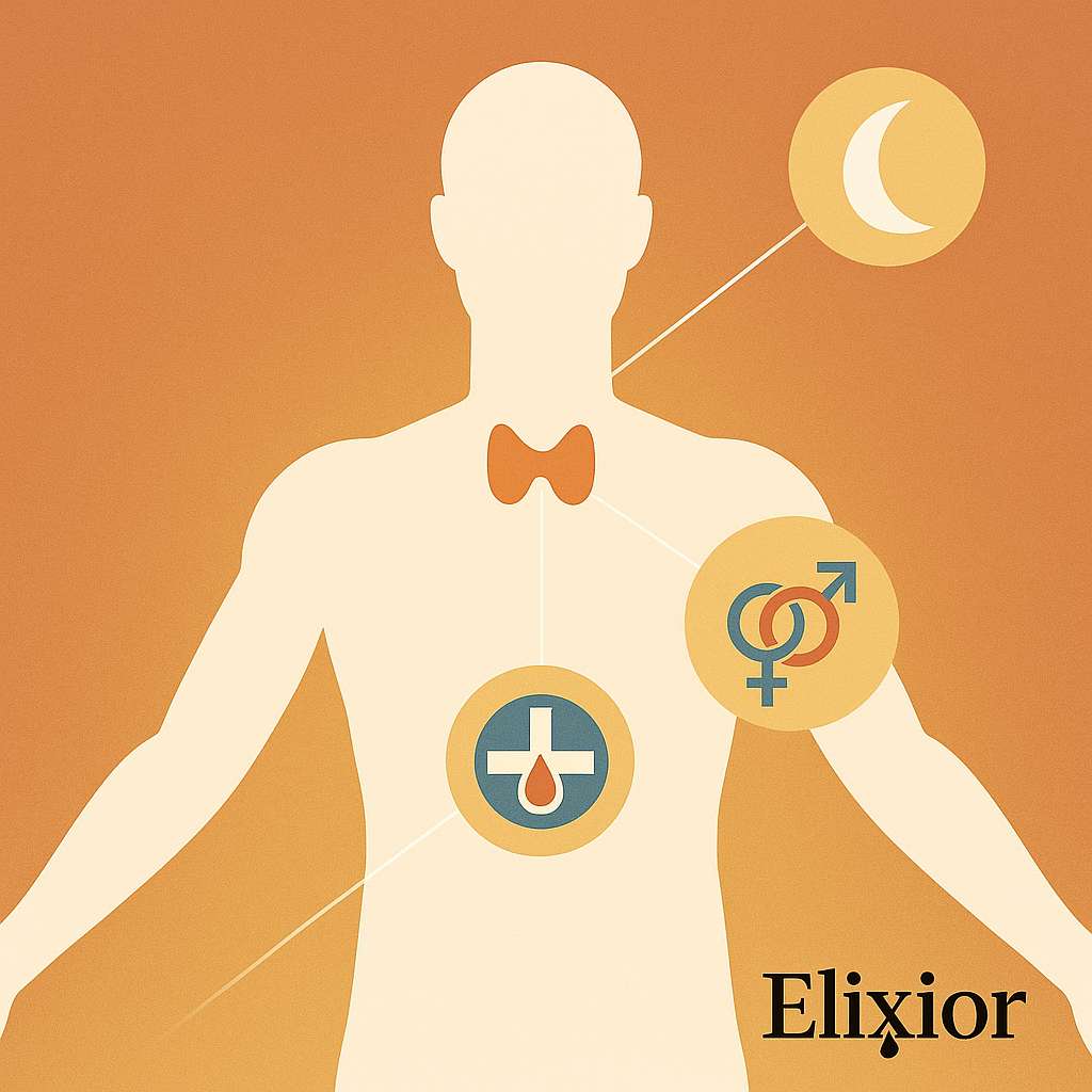 Körpersilhouette mit hervorgehobener Schilddrüse und Symbolen für Schlaf, Blutwerte und Geschlechtshormone