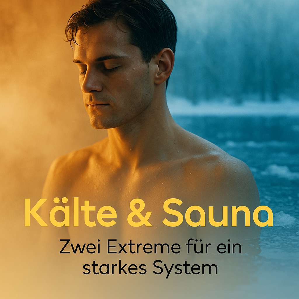 Mann mit geschlossenen Augen zwischen warmem Saunadampf links und kaltem Wasser rechts