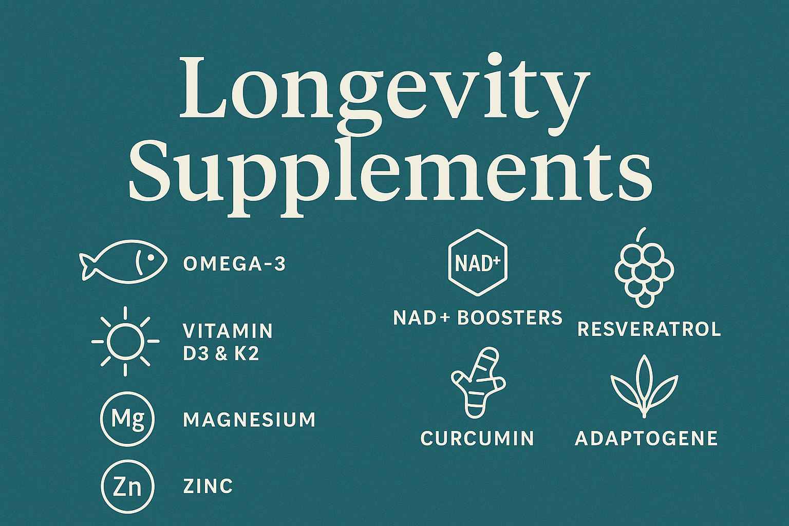 Übersicht der Longevity-Supplements mit Symbolen für Omega-3, Vitamin D3, Magnesium, Zink, NAD+, Resveratrol, Curcumin und Adaptogene