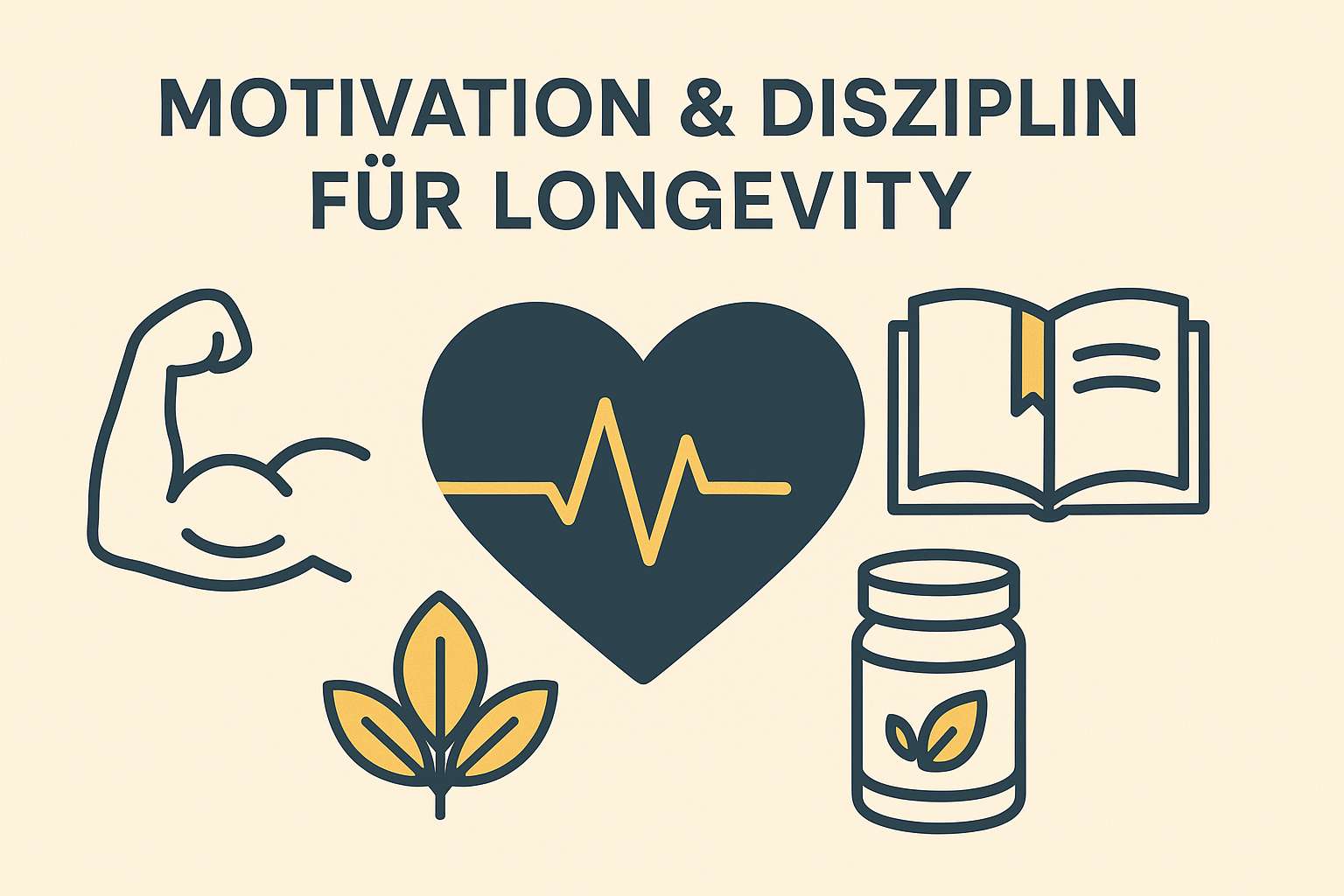 Symbole für Muskelkraft, Herz mit EKG-Linie, aufgeschlagenes Buch und Supplement-Dose