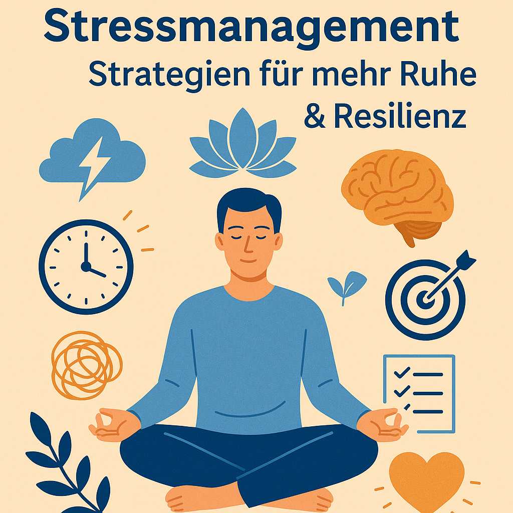 Meditierende Person, umgeben von Symbolen für Stress, Zeitdruck, Gehirn und Zielsetzung