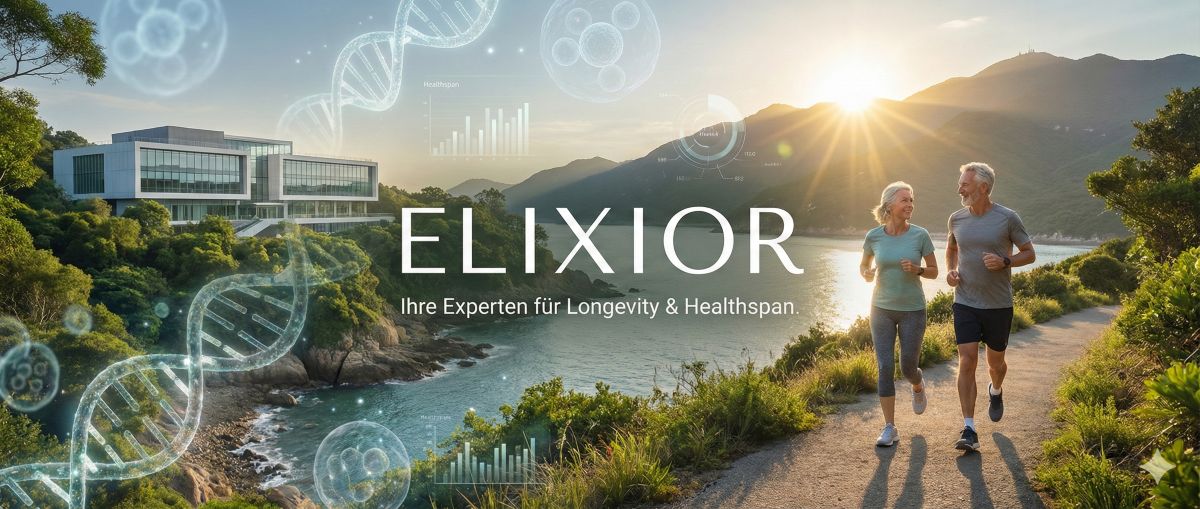 Älteres Paar joggt an einer Küste, überlagert von DNA-Strängen und Gesundheitsdaten