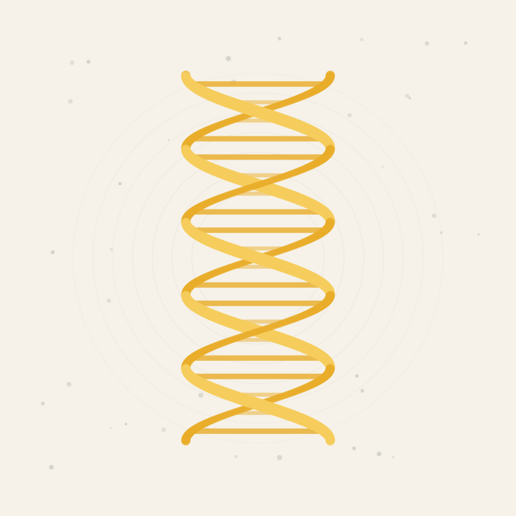 Goldene DNA-Doppelhelix auf hellem Grund, umgeben von feinen Molekülpunkten
