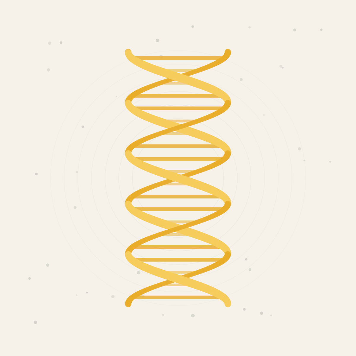 Goldene DNA-Doppelhelix auf hellem Grund, umgeben von feinen Molekülpunkten