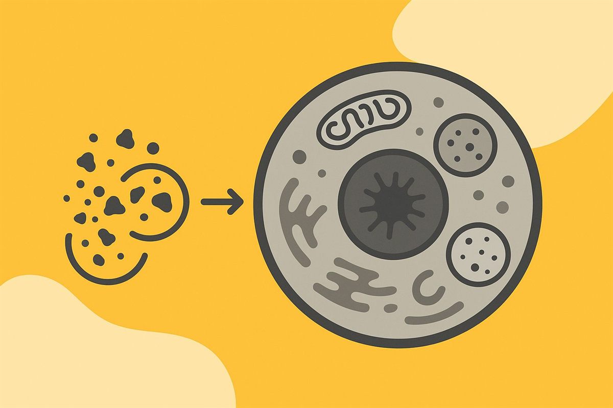 Autophagie illustriert: links Zellabfall, rechts eine gereinigte Zelle mit Mitochondrien und Zellkern